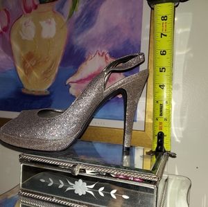 Glitter Iridescent Silver Gold Barbie peep toe sling back stiletto heels 9